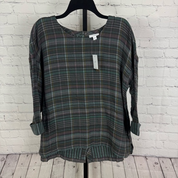 J. Jill Cotton Gauze Double-Cloth Top Graphite Plaid Button Back Size Medium - Picture 1 of 7
